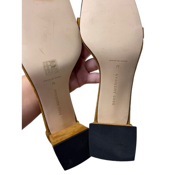 Good American Amber Tan Suede Square Toe Strappy Zippered Block Heel Sandal 9 - Picture 6 of 7